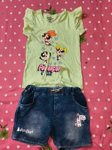 Cute Powerpuff Girls T-shirt & Denim Shorts Set