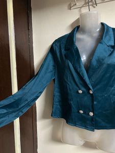 Teal Satin Double-Breasted Blazer Top