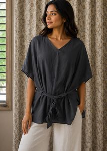 Elegant Black Tie-Waist Tunic Top