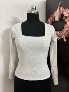 White Ribbed Square Neck Top with Lace Trim