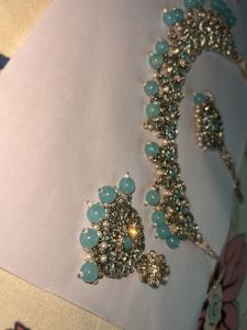 Stunning Teal Blue &amp; Silver Necklace Set with Earr