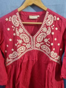Utsa Red Embroidered Cotton Kurta