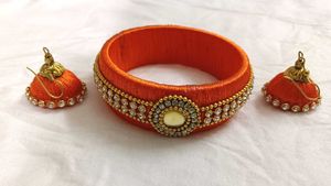 Elegant Orange Silk Thread Bangle and Earrings Set