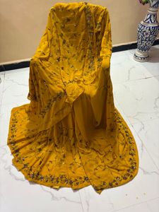 Yellow Sequined Silk Saree