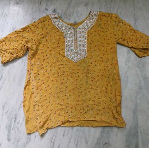 Yellow Floral Kurta with Embellished Neckline