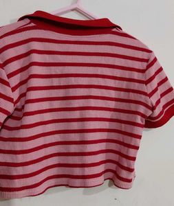 Pink &amp; Red Striped Polo Crop Top