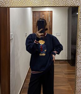 Bear Embroidery Knit Navy Blue Pullover🧸