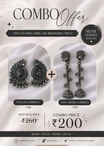 Oxidized Silver Peacock & Jhumka Earring Combo