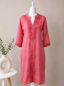 Embroidered Coral Kurta