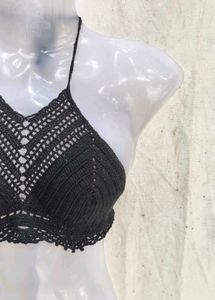 Black Crochet Halter Bikini Top