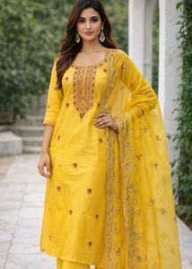Yellow Embroidered Kurta with Dupatta Set