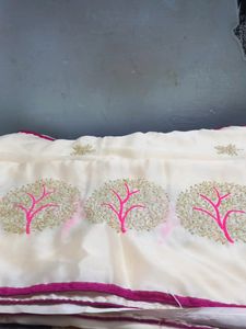 Cream Saree Pink Border