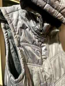 Grey Shiny Puffer Vest Half Jacket With Hoodie