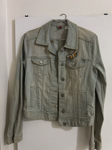 Light Wash Denim Jacket with Butterfly Brooch