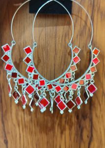 Bohemian Hoop Earrings with Red Embellishments