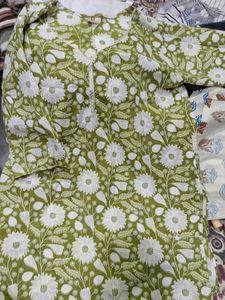 Green Floral Kurta with Lace Trim