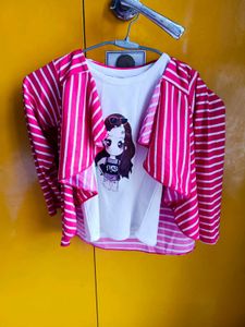 Hand Print Girls White Printed Top with Pink Strip