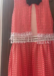 Chic Coral Lace Dress with Tassel Detail