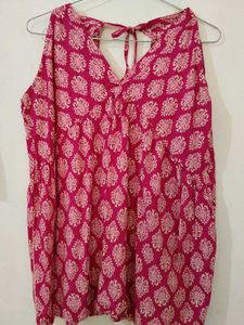 Pink Printed Tie-Up Neck Sleeveless Short Kurti