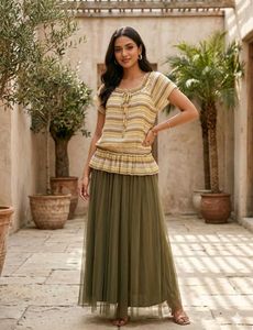 Olive Green Mesh Tiered Maxi Skirt | Free Size