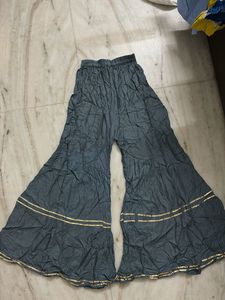 Grey Tiered Palazzo Pants with Gold Trim