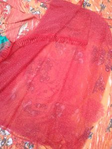 Sparkling Red Net Saree with Blouse piece