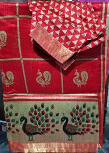 Red Saree with Peacock designing