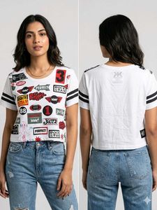 White Cropped T-Shirt with Graphic Patches