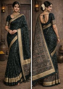 Elegant Dark Green Saree with Golden Border