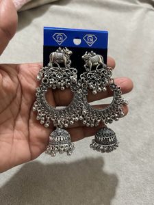 Oxidized Silver Elephant Jhumka Earrings