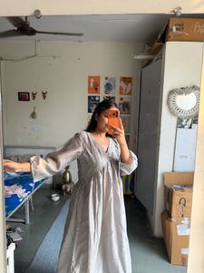 Grey V-Neck Embroidered Kurta