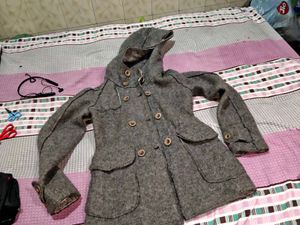 Gray Hooded Wool Blend Coat