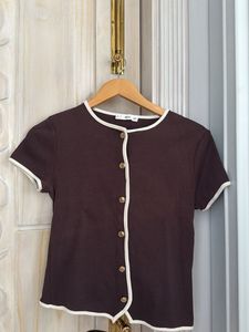 Brown Button-Up Top with White Trim