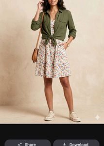 Floral Print A-Line Dress with Olive Shirt