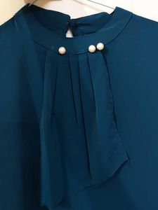 Elegant Teal Blue Pe9arl Embellished Blouse.