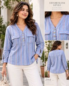 Casual Blue Striped V-Neck Top