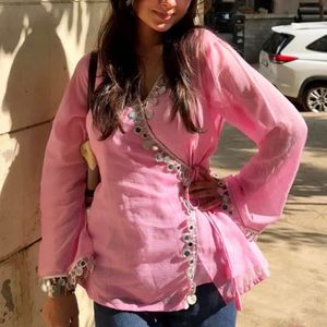 Pink Wrap Kurta with Mirror Work