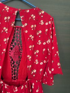 Red Floral Crochet Cut-Out Mini Romper Dress