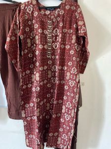 Maroon Printed Kurta with Pants and Dupatta