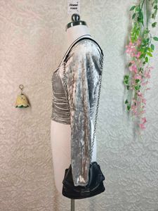 H&amp;M Silver Velvet Ruched Top