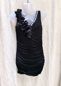 I. Chic Black Ruched Dress with Rhinestone Trim