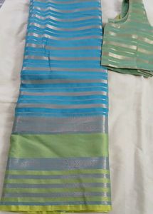 Elegant Blue &amp; Green Striped Saree