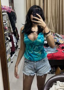 Stylish Teal Floral Halter Top y2k