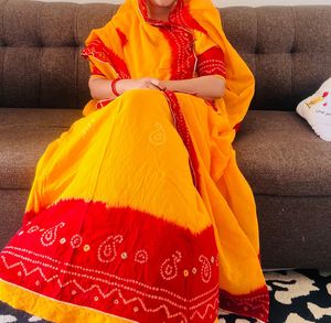 Vibrant Yellow & Red Bandhani Saree