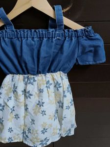 Chocolate Baby Denim Floral off Shoulder Dress