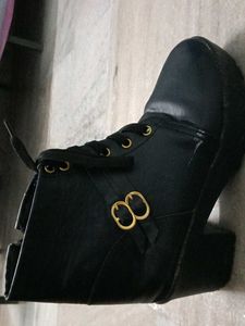 Black Ankle Boots with Gold Buckle Detail