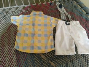 Cute Boys Yellow Plaid Shirt &amp; White Shorts Set