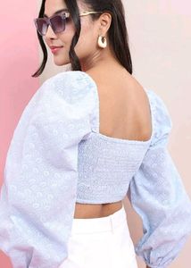Blue Floral Puff Sleeve Crop Top