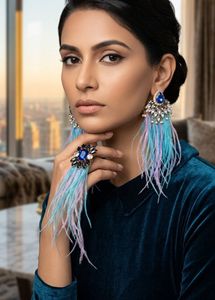 Feather Drop Earrings & Statement Ring Set