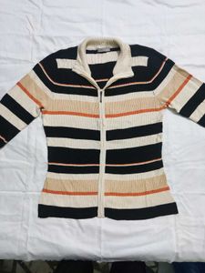Striped Zip-Up Knit Sweater